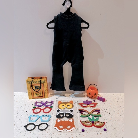 American Girl Doll Halloween Masks and Vintage Black Jumpsuit with Pumpkin Set - Picture 2 of 5